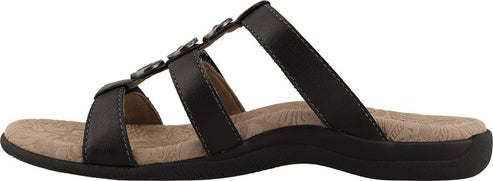 A black sandal with three straps and a dark sole.