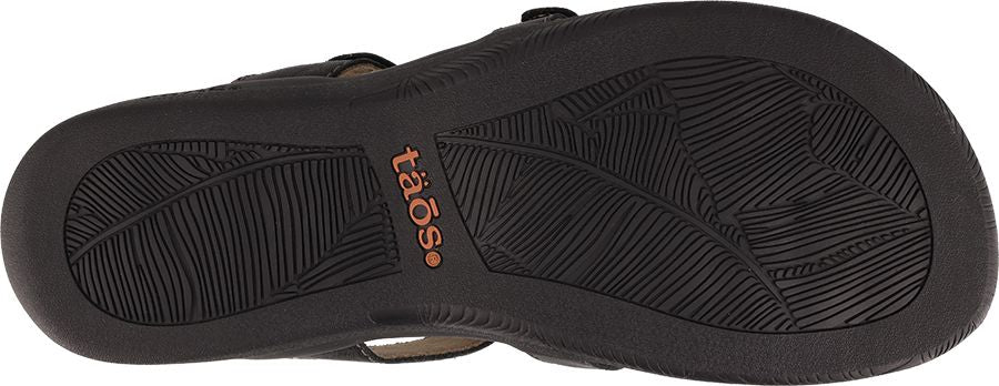 The sole of a dark sandal with leaf-like patterned treads and a brand logo.