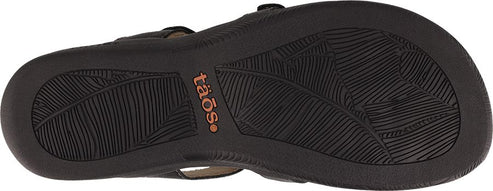 The sole of a dark sandal with leaf-like patterned treads and a brand logo.