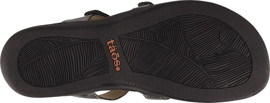 Black sandal sole with a leaf pattern.