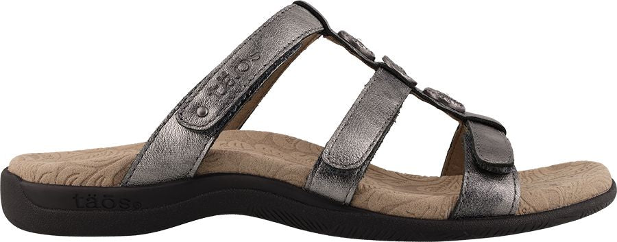 A silver sandal with three straps and a dark sole.