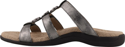 Silver sandal with three straps and a low heel.