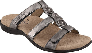 Metallic silver sandal with adjustable straps and decorative circular accents.