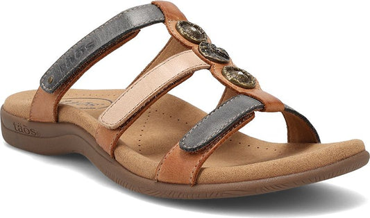 Toe ring sandal with tan sole and leather straps with decorative round accents.
