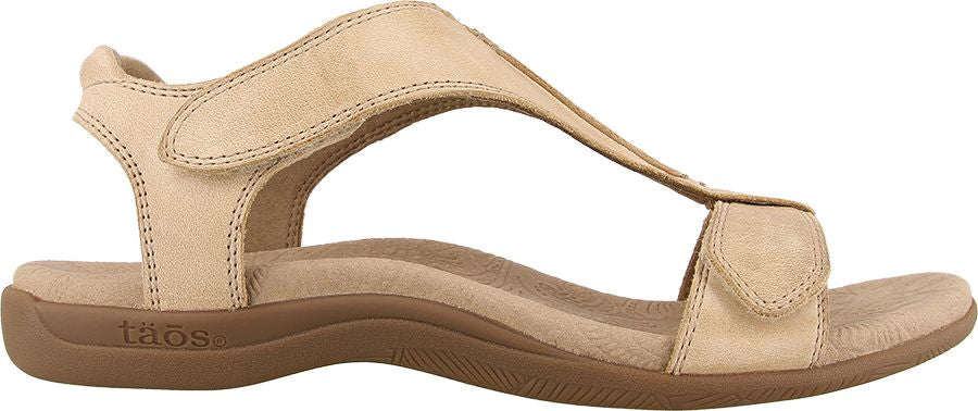 A sandal with adjustable straps in light beige.