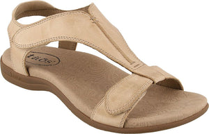 Tan sandal with adjustable velcro straps.
