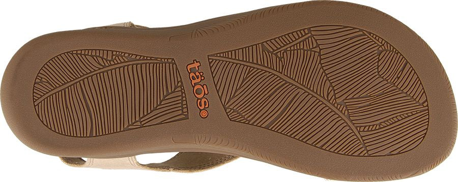 The outsole of a sandal featuring a leaf pattern and the word "Taos".