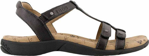 A black t-strap sandal with a beige footbed.