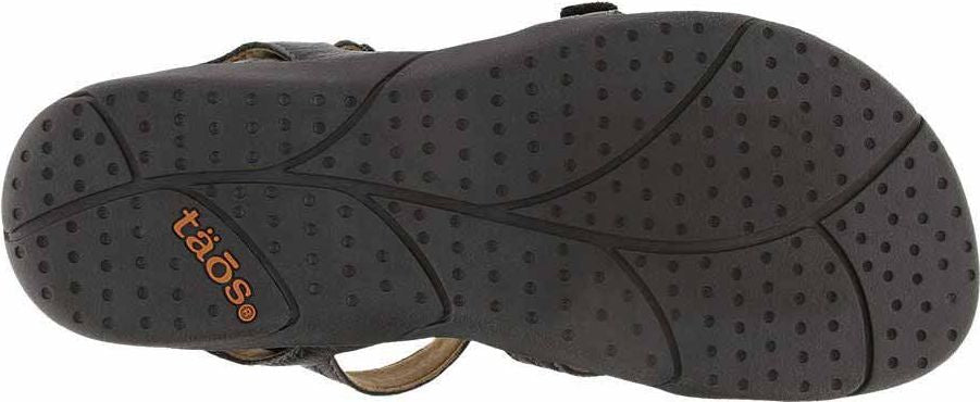 Black sandal's sole with a pattern of small circles and brand logo.