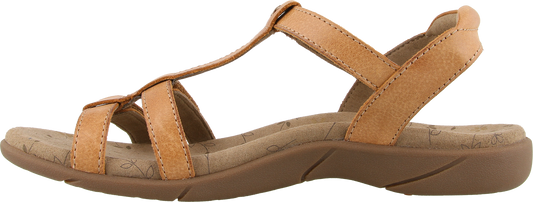 A light brown sandal with multiple straps.