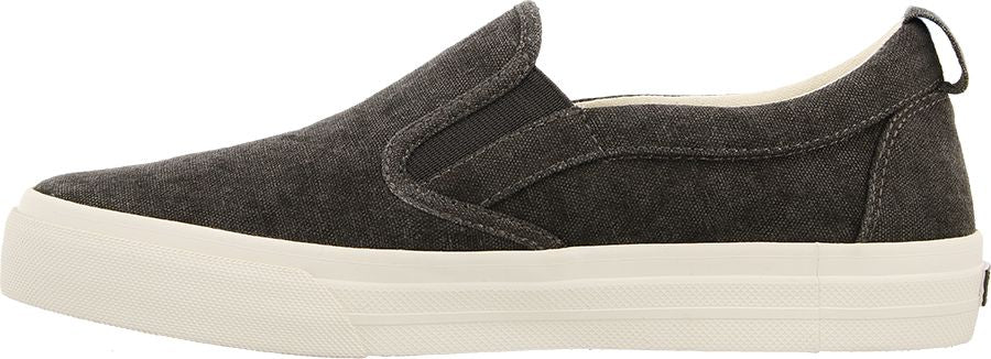 A gray slip-on shoe with a white sole.