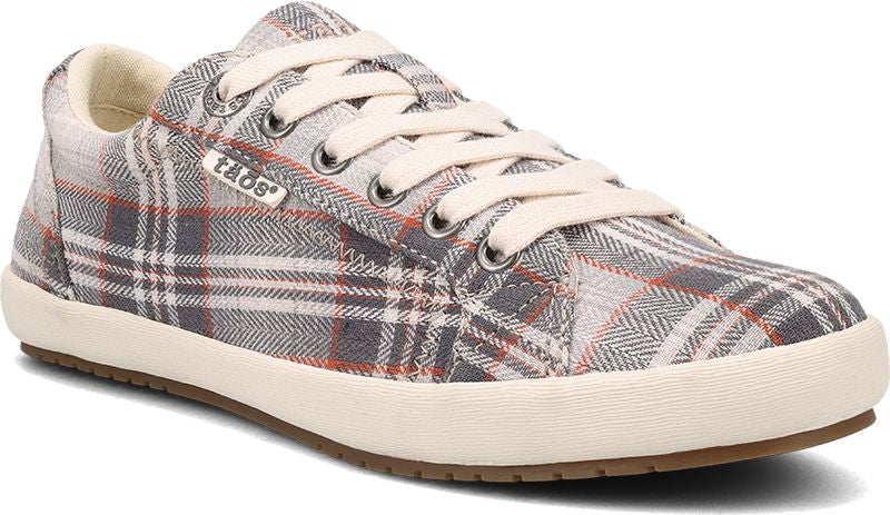 A fabric sneaker with an off-white sole and gray, red, and white plaid pattern and laces.