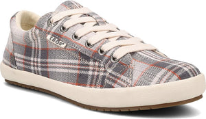 A fabric sneaker with an off-white sole and gray, red, and white plaid pattern and laces.