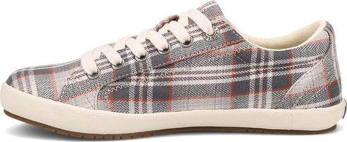 A low-top sneaker with a gray, white, and orange plaid pattern and white laces and sole.