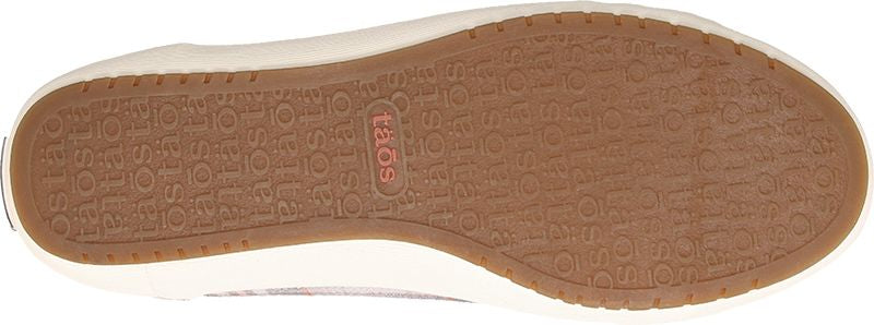 The sole of a shoe has a textured brown rubber bottom and a tan border.