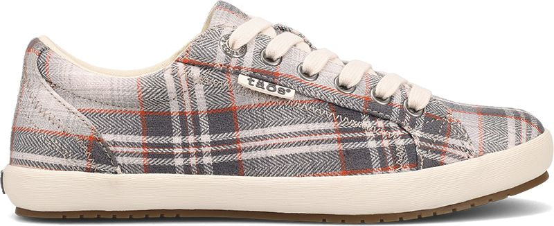 A low top sneaker with a white and gray plaid pattern.