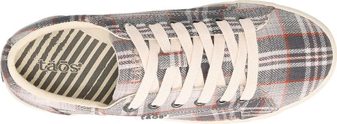 A top-down view of a pair of gray and red plaid sneakers with white laces.