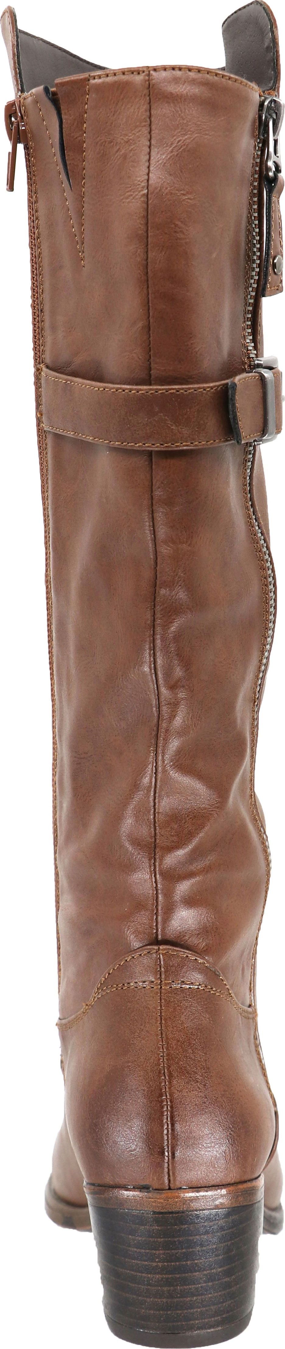 A light brown boot with a buckle.