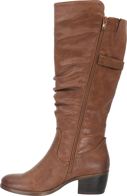 Knee-high brown boot with a zipper and a small heel.