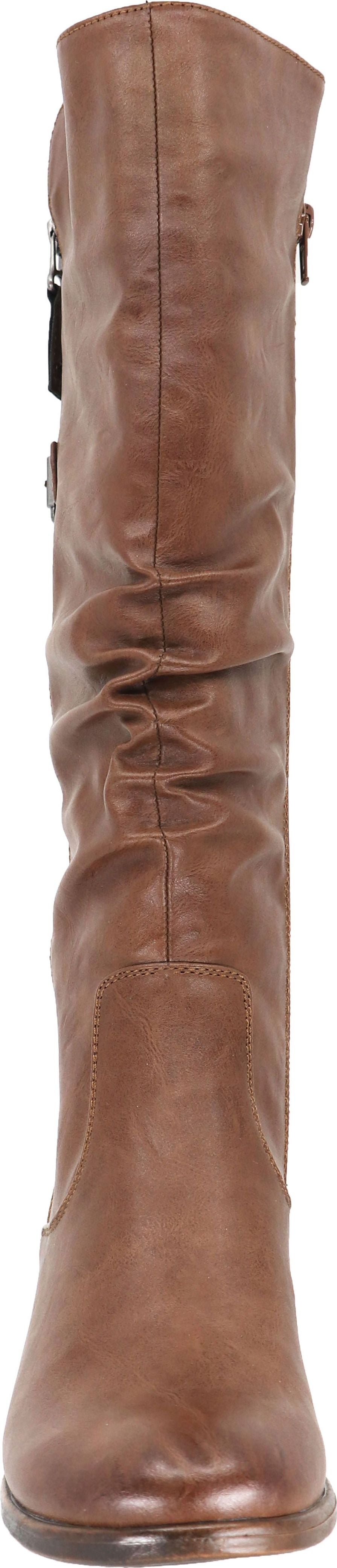 A pair of brown leather mid-calf boots with metal buckle detail.