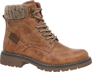 Brown lace-up ankle boot with knit collar and lug sole.