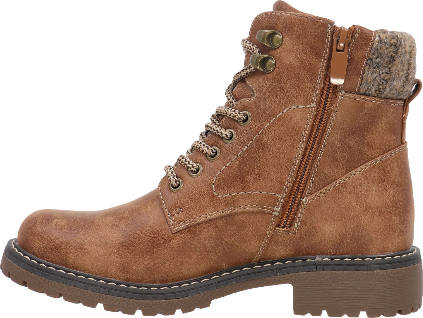 Brown ankle-high lace-up boot with a side zipper and a lug sole.