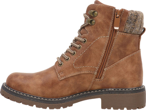 Brown ankle-high lace-up boot with a side zipper and a lug sole.