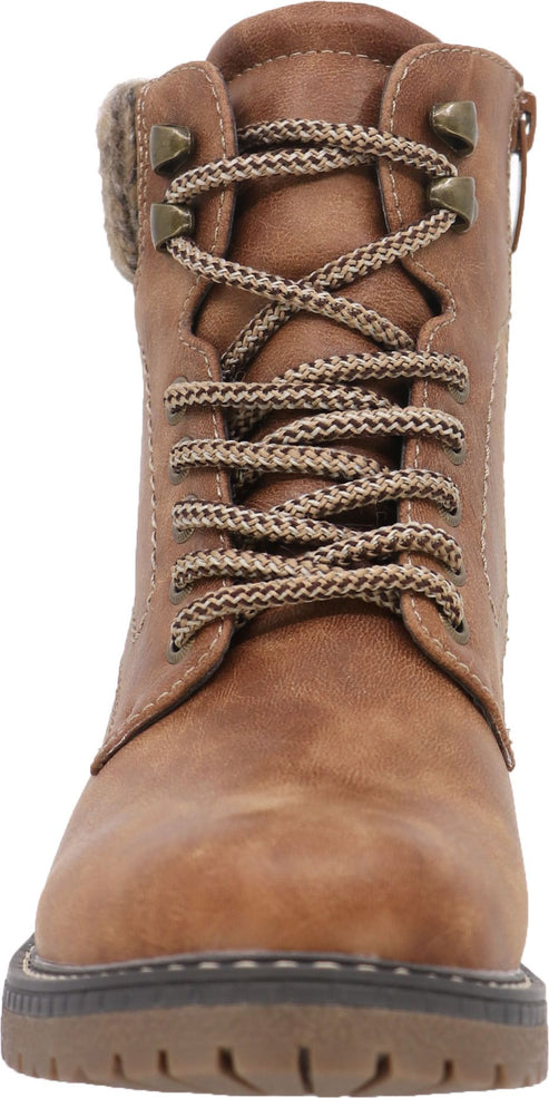 Brown lace-up ankle boot with textured sole.
