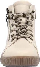 Front view of a high-top sneaker in cream color with brown soles and black/beige shoelaces.