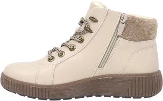 Beige ankle boot with side zipper and laces.