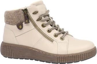 Beige ankle boot with light brown lug sole, beige wool lining, zipper closure, and laces.