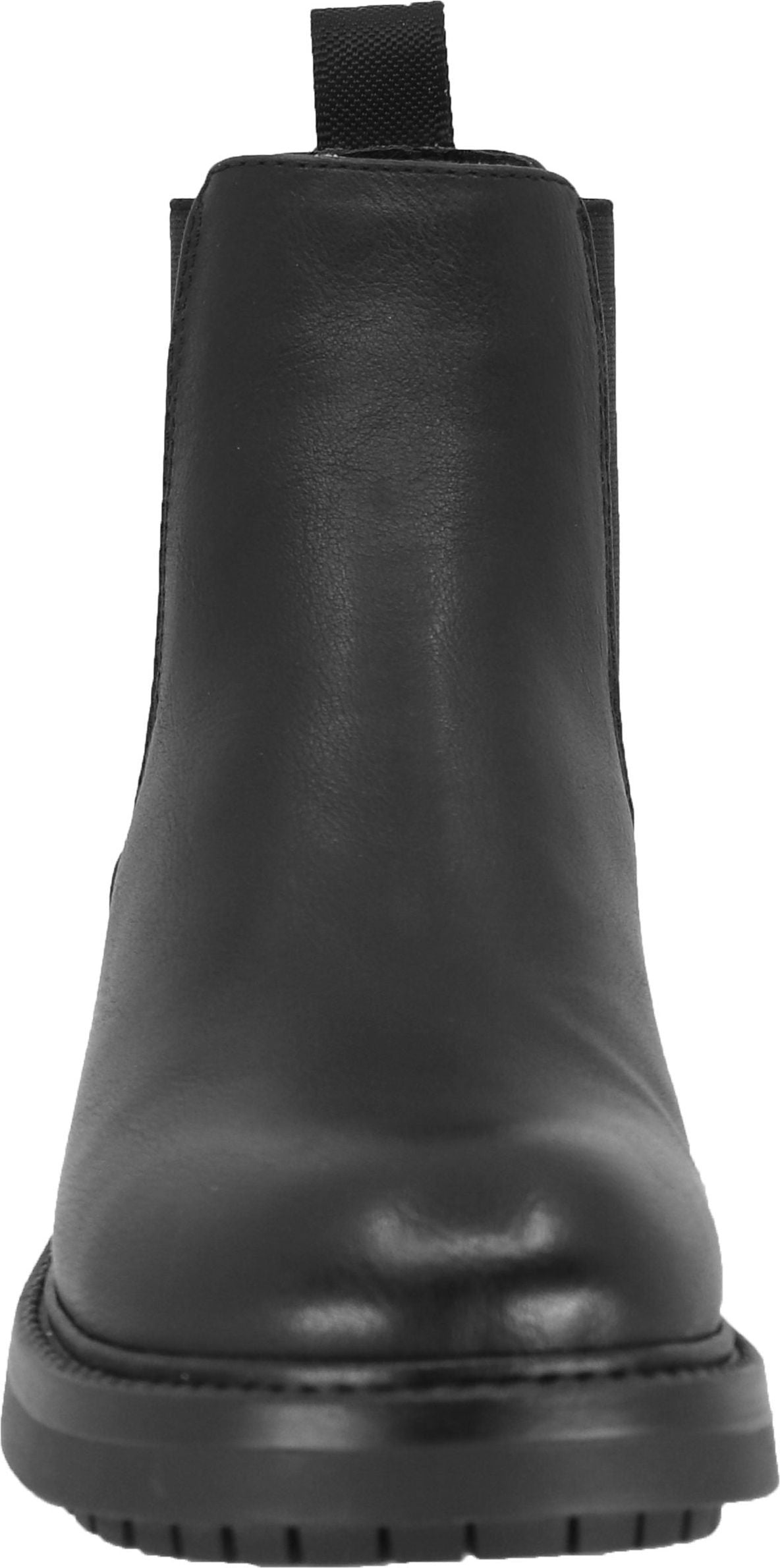 A black leather Chelsea boot with a lug sole and a pull tab.