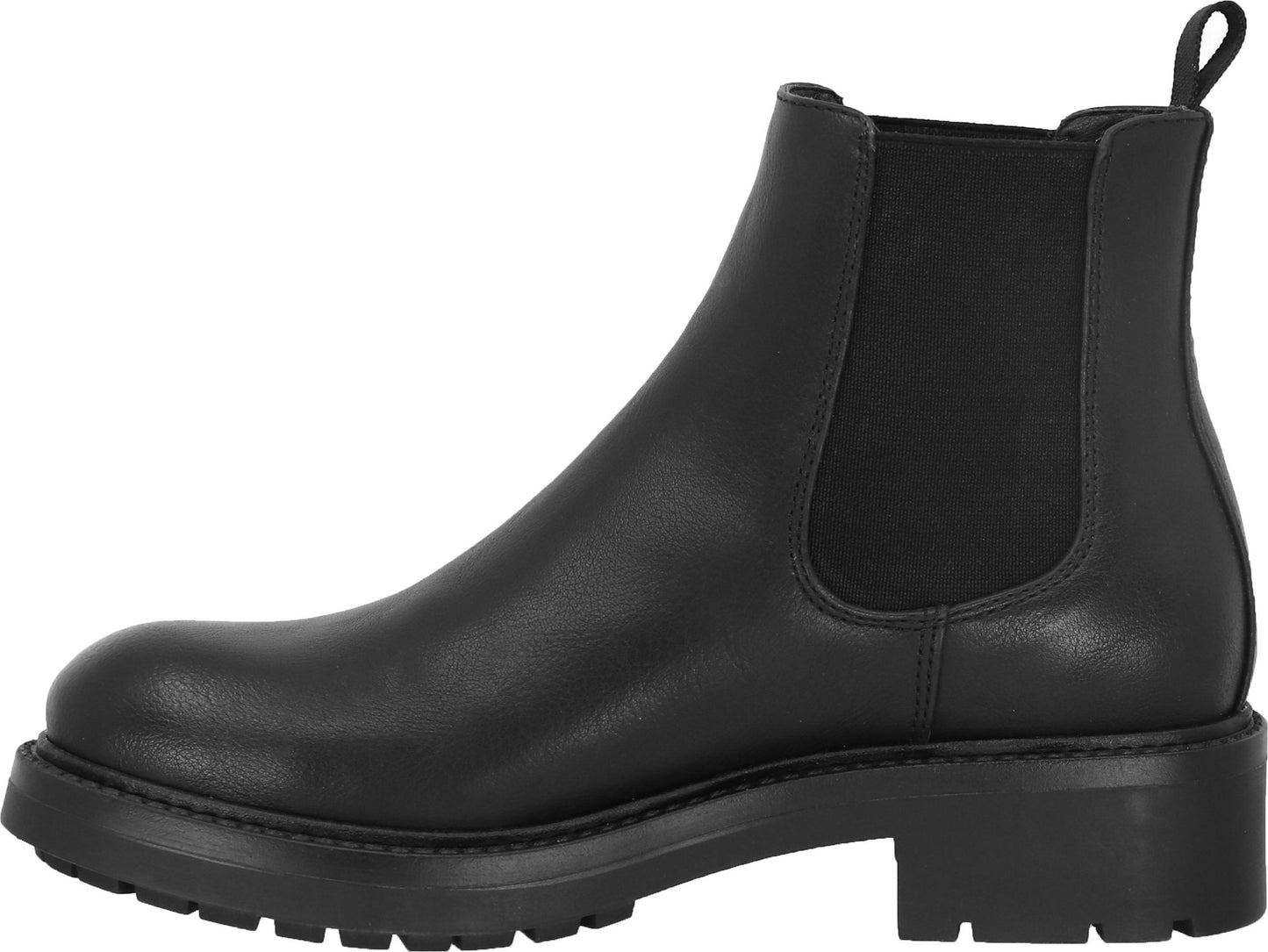 Black leather Chelsea boot with a lug sole.