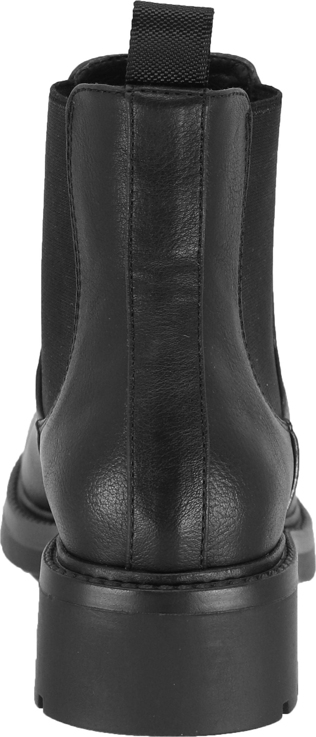 Back view of a black Chelsea boot with a chunky heel and a pull tab.