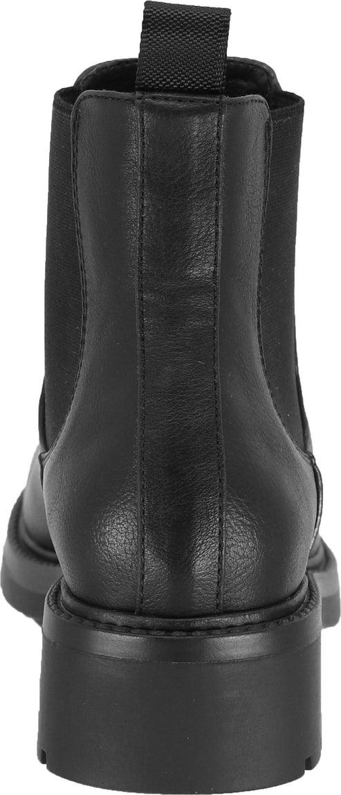 Back view of a black Chelsea boot with a chunky heel and a pull tab.