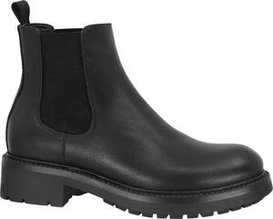 Black leather Chelsea boot with elastic side panels and lug sole.