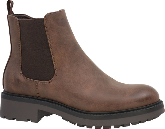 Brown, ankle-high Chelsea boot with elastic side panels and a lug sole.