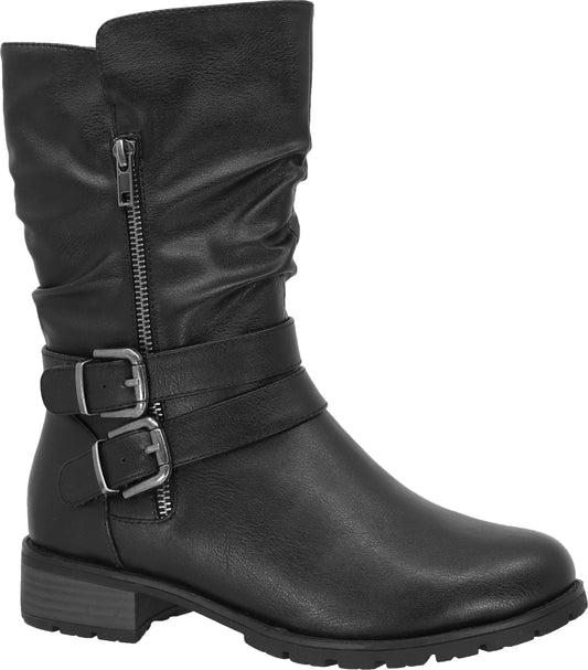 Mid-calf black boot with two buckle straps and zipper.