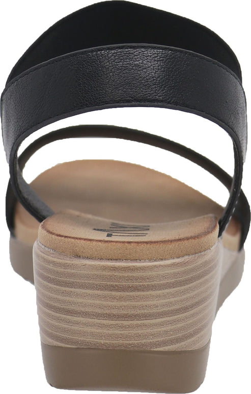 Back view of a black, block-heeled sandal with elastic straps.