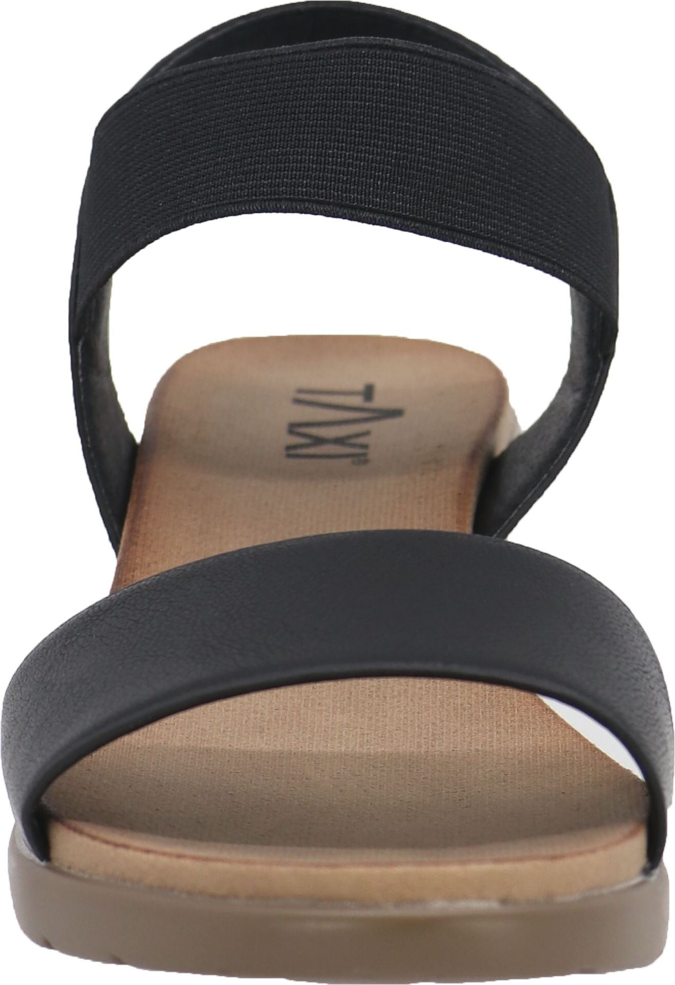 Front view of a black sandal with elastic strap.
