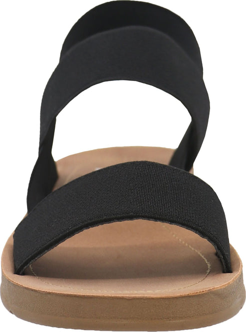 Front view of a pair of black elastic banded sandals with tan soles.