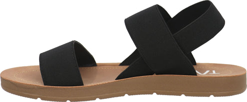 A sandal with a black criss-cross elastic strap.