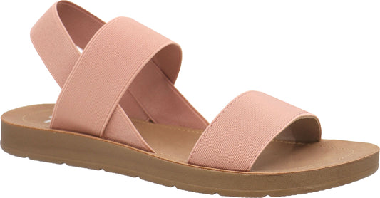 Rose pink, flat sandal with elastic straps and light brown sole.