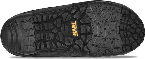 The sole of a dark slipper with a logo near the center and a patterned tread.