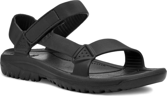 Black sport sandal with adjustable straps and lugged sole.