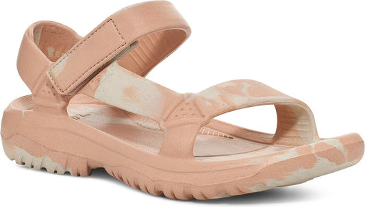 A peach sandal with adjustable straps.