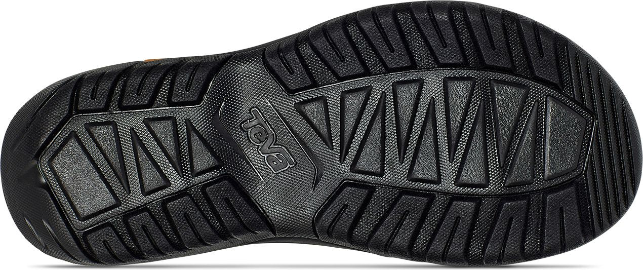 The bottom of a black sandal, showing a pattern of triangles and horizontal lines for grip.