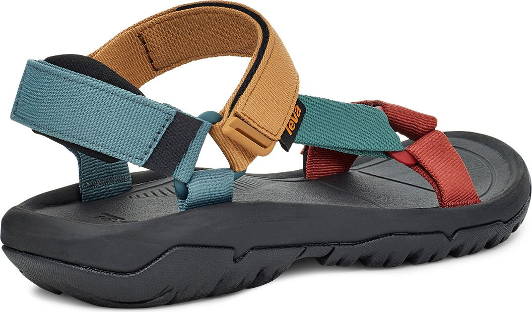 Sandals with a black sole and straps in red, brown, and blue