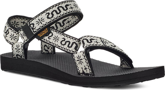 Black sandal with white and black patterned straps.