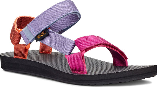 A sandal with adjustable purple, pink, and orange straps on a black sole.